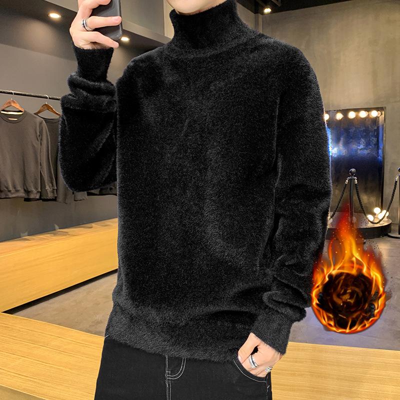 Imitation Mink Fur Sweatwear Mens Anti-pilling High Quality Knitted Turtleneck Sweater Slim Fit Long Sleeve Pullover Solid Color Trend Men Clothing