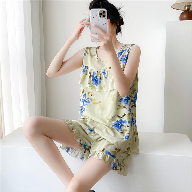 Women's Summer Ultra-Thin Cotton Satin Pajamas Set With Shorts And Sleeveless Vest, Cool Comfort Home Wear For Hot Weather