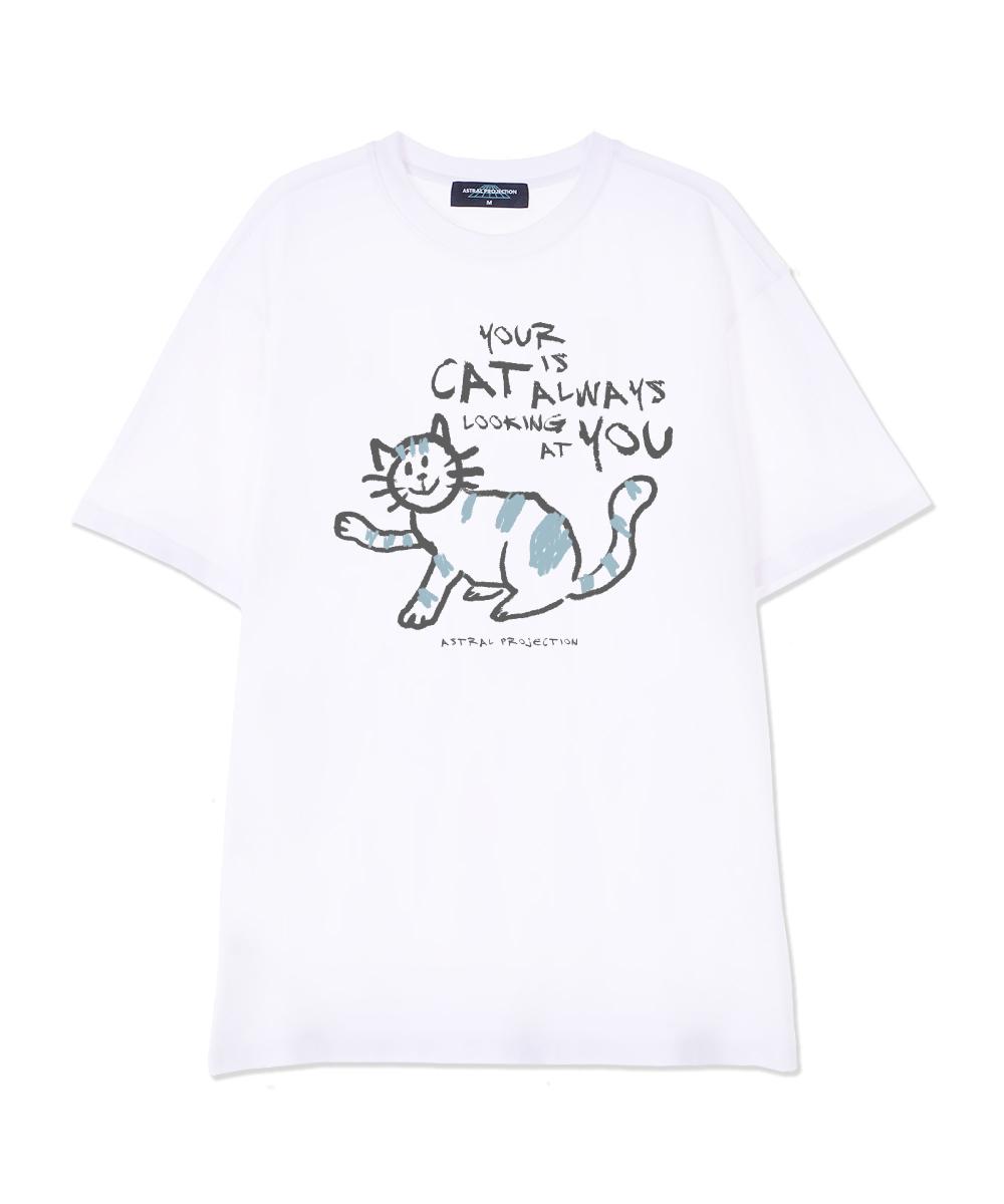 Astral Projection Doodle Cat Supima Cotton Round Neck Short Sleeve T-Shirt_White L