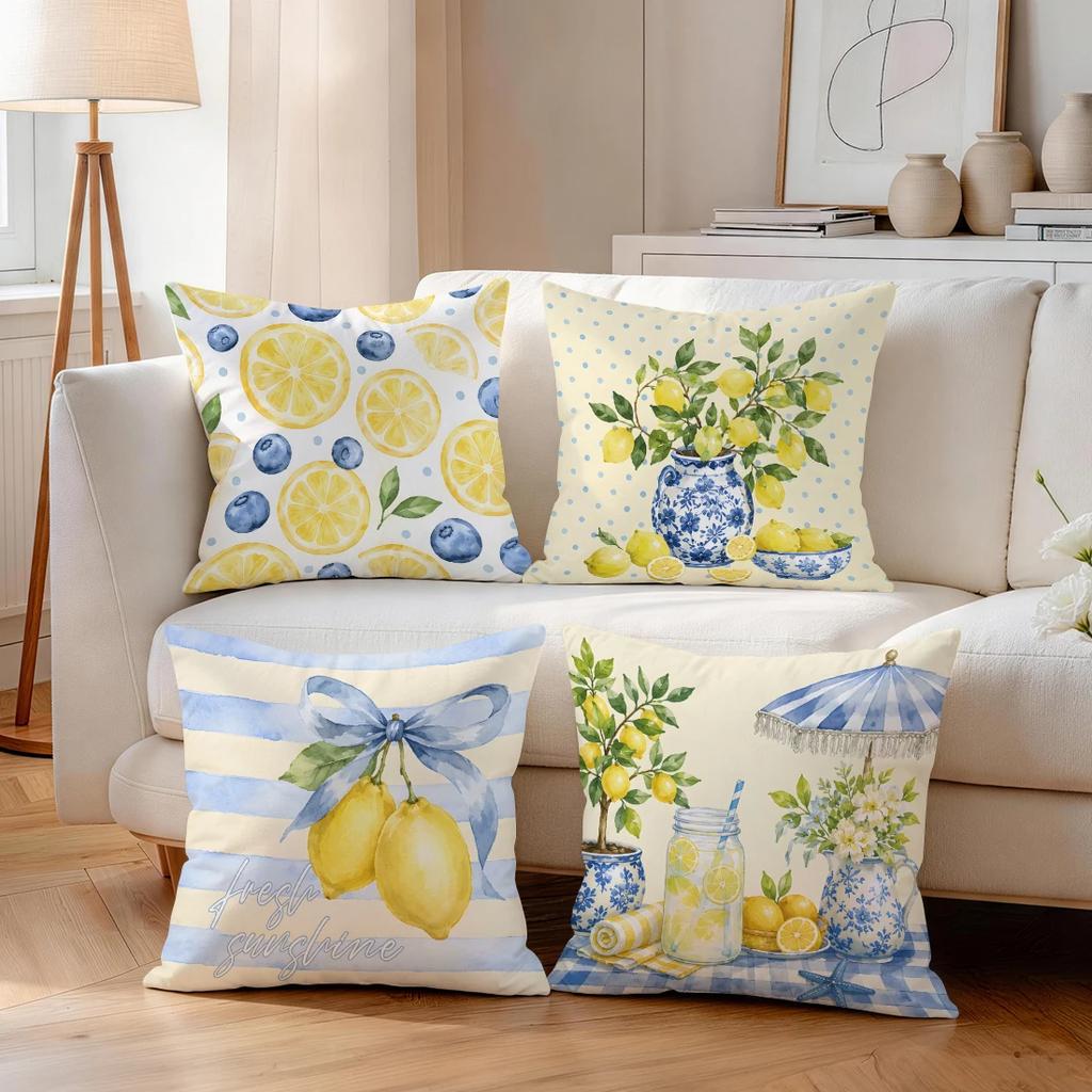 Fresh Blue And Yellow Lemon Pictures Cushions Pillowcase Polyester Cushion Cover Throw Pillow Pillowcover Home Car Sofa Decor