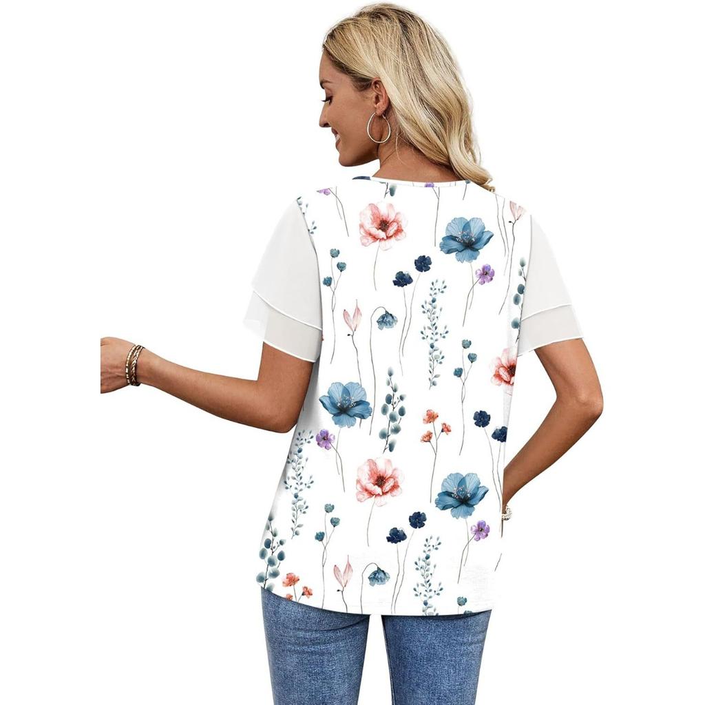 Women's Spring Summer New Crew Neck Printed Colorblock Double Layer Short Sleeve T-shirt Top For Leisure Leisure Trade