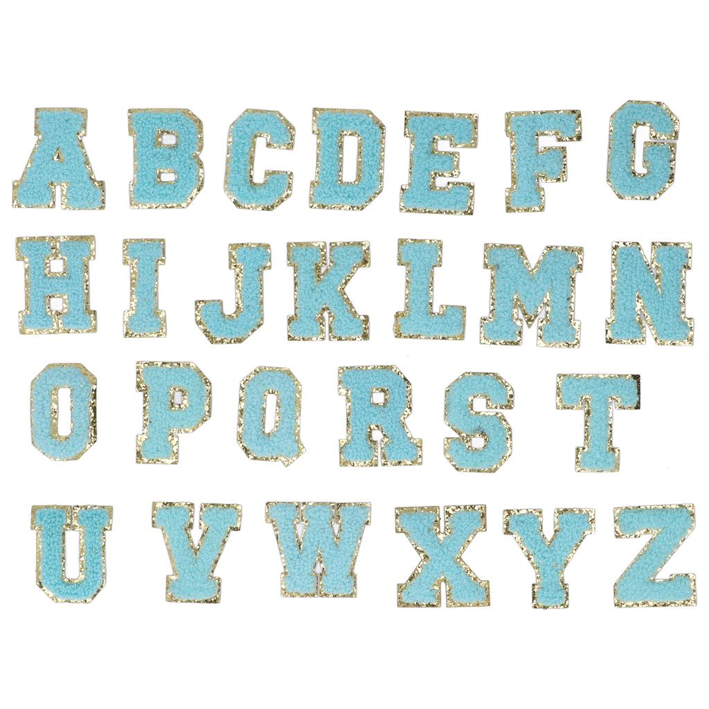 26 Pcs Iron On Letters A To Z Blue Letters Gold Glitter Border Clothing Sewing Embroidery Iron Patches Decorations