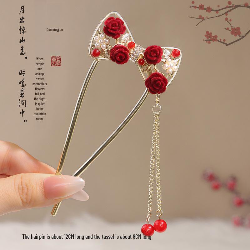 

Шпилька для волосся з червоною квіткою та китицею в китайському стилі для жінок