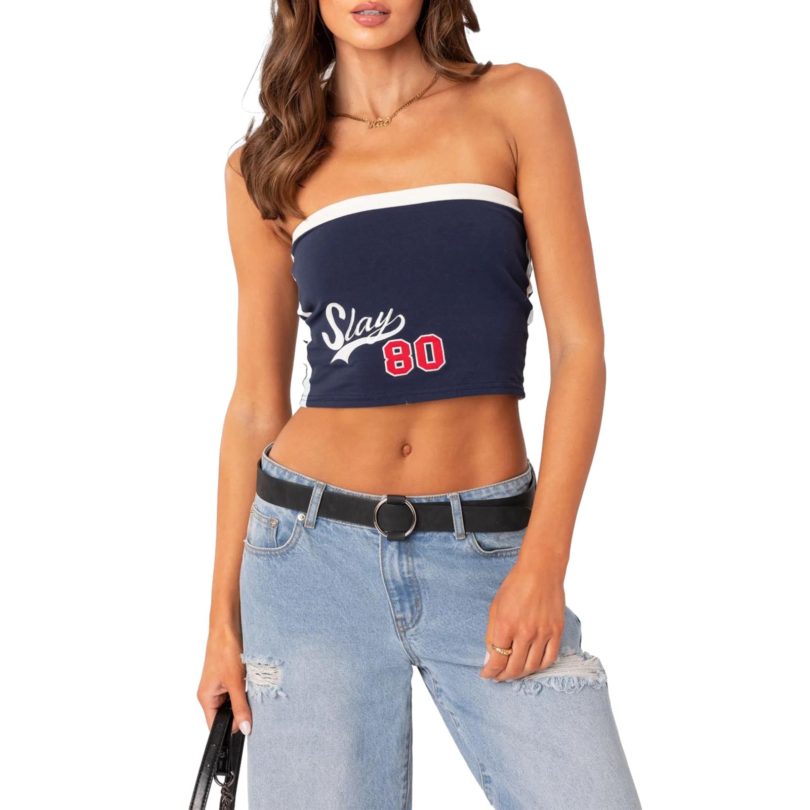 

Женские летние топы-трубы без рукавов без бретелек, однотонные/в полоску/с буквенным принтом, укороченные топы-бандо, облегающие рубашки L