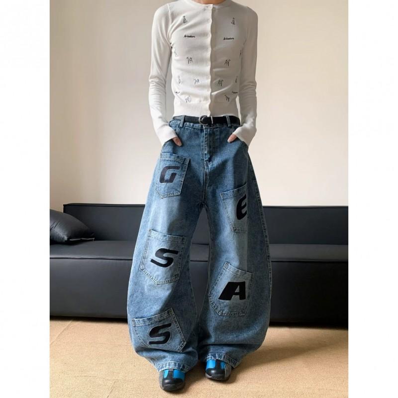 2026 Embroidered Denim Pants Loose Fit High Street Style Wide Leg Jeans Teens
