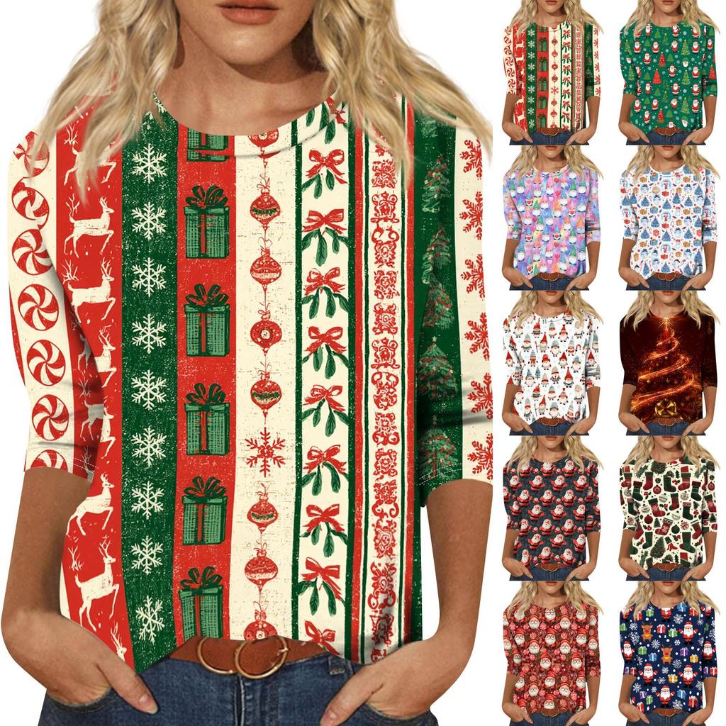 Women's Casual Three-Quarter Sleeve Christmas Print Neck Top for Giving