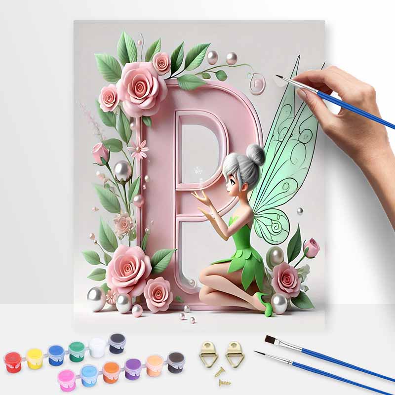 Disney Tinker Bell digital oil painting art kit Letter P pink roses flower handmade DIY home decoration gift 20x30cm