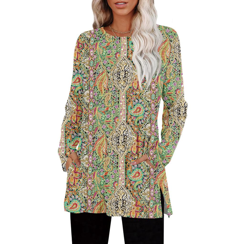 Womens Sweaters Crewneck Long Sleeve Shirts With Pockets Fall Outfits  Fashion Winter Clothing Side Slit