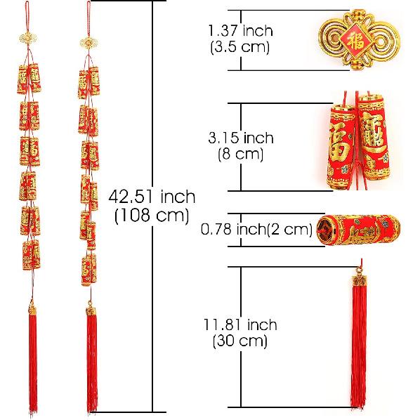 Chinese New Year Hanging Decorations 2 Pack Large Firecrackers Decor Traditional Red Lucky Oriental Pendant Ornaments for Lunar New Year Decorations