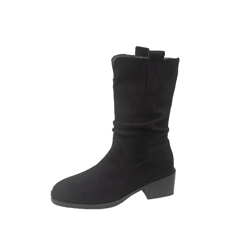 Thick Heel Brown Suede Mouth Pile Medium Tube Martin Boots Women's Boots Autumn New High Heel Short Boots Skinny