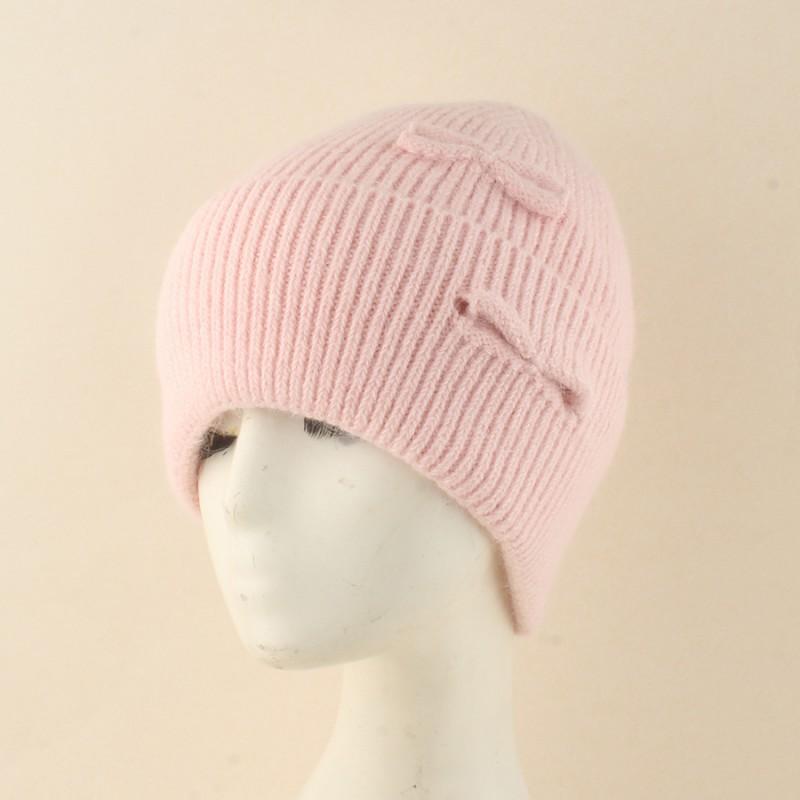 Womens Angora Wool Knit Beanie Hat With Bow Detail Winter Warm Cap High Crown Foldable