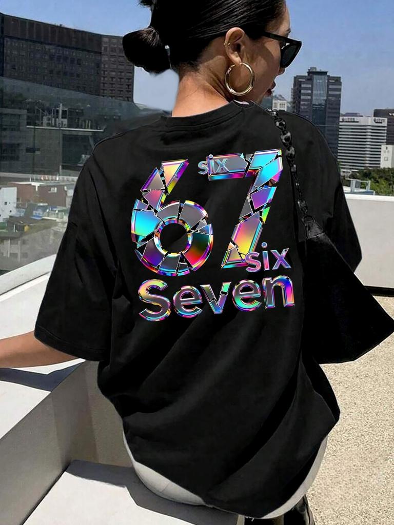 WomenS Letter Print TShirt 67 Six Seven Black ShortSleeved Round Neck Casual Top Medium Elastic Breathable Fabric