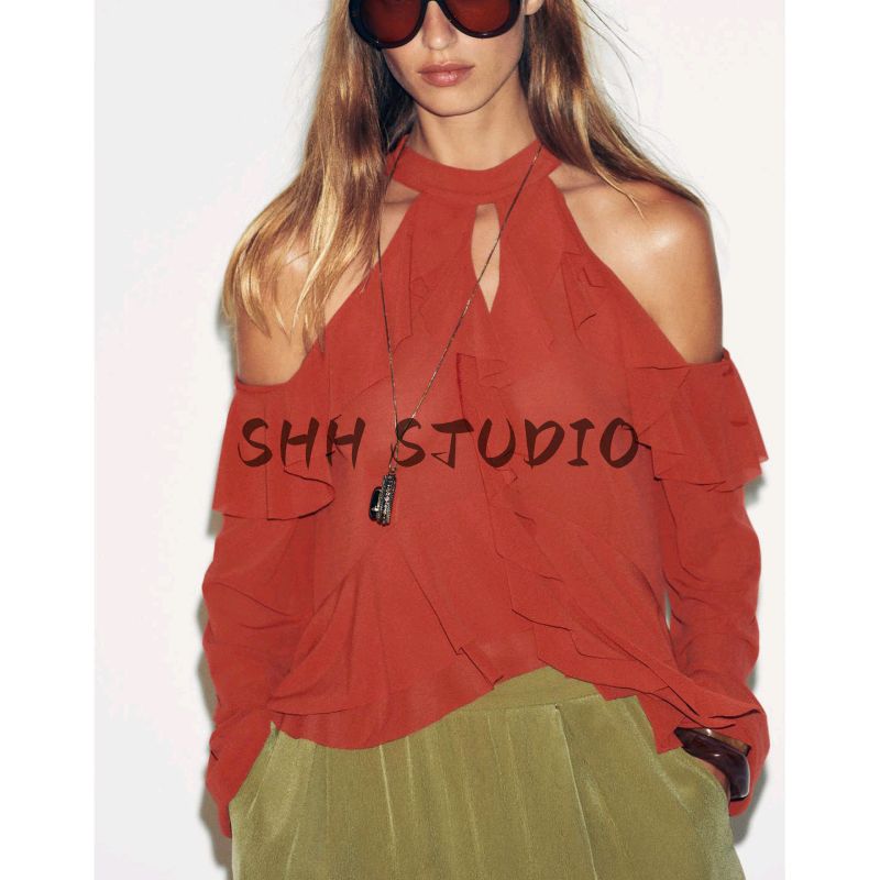 Autumn New Women's Clothing Bows Lace-up off-Shoulder Long Sleeves Laminated Decoration Hanging Collar Tops 5039210