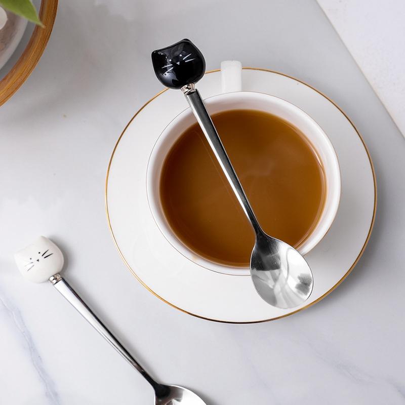 Cute Black/White Cat Stainless Steel Spoon Cartoon Lovely Coffee Milk Tea Ceramic Stir Spoon