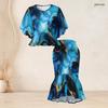Women Plus Size Blue Gold Printed Round Neck Batwing Sleeve Ruffle Hem Top Fishtail Skirt Two Piece Set