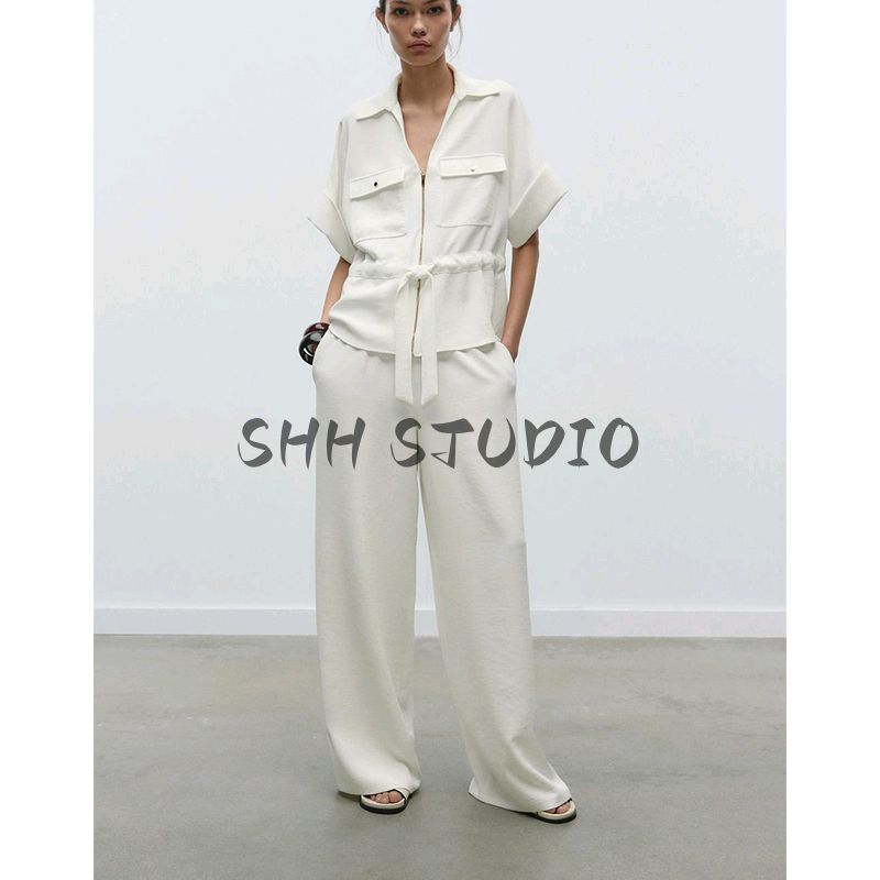 Spring and Summer Crepe Comfortable Short Sleeve Lapel Shirts 2273957 High Waist Wide Leg Casual Trousers 2116957