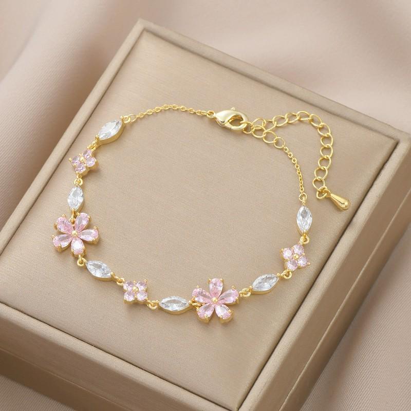 Elegant Womens Geometric Floral Zircon Bracelet Gold Plated Copper Adjustable Fashion Jewelry Daily Wear