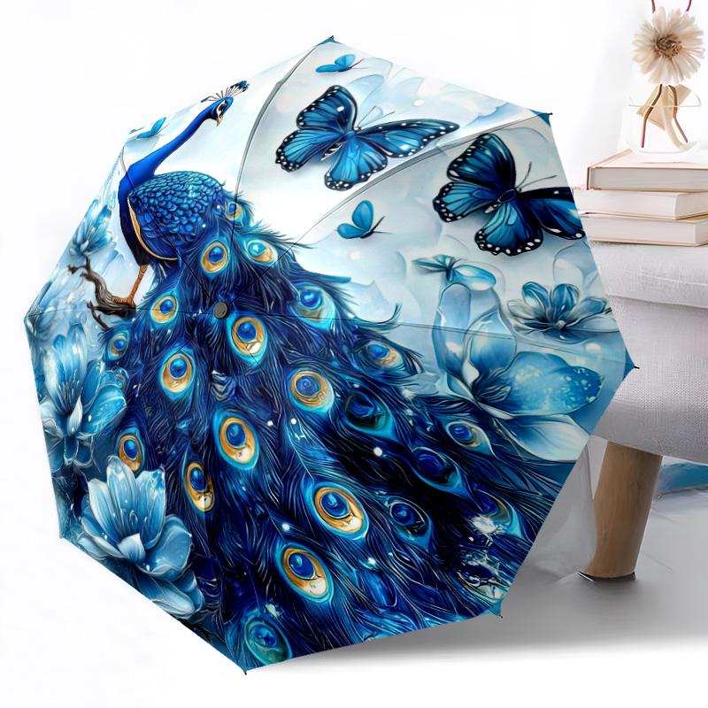 Blue Peacock Garden Outdoor Automatic Umbrella Retractable Design with 8-Rib Durability Lightweight Perfect Gift for Friends Family