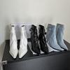New Design Denim Buckle Thin Heels Ankle Boots Zipper Pointed Toe Banquet Women Shoes Zapatillas Mujer