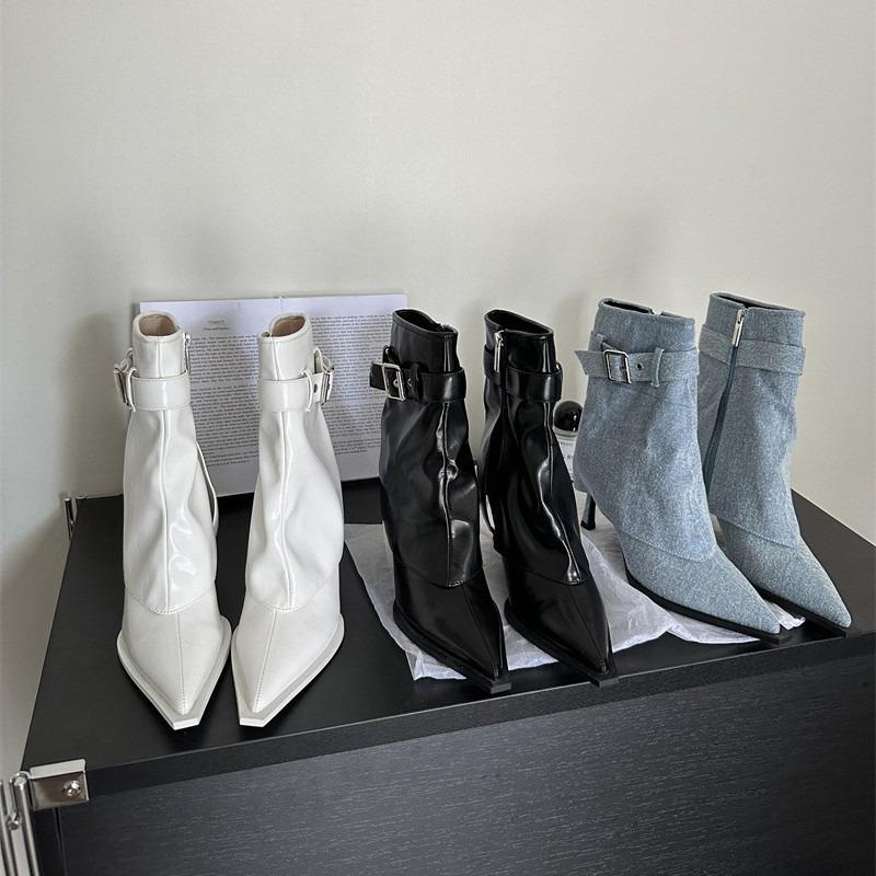 New Design Denim Buckle Thin Heels Ankle Boots Zipper Pointed Toe Banquet Women Shoes Zapatillas Mujer