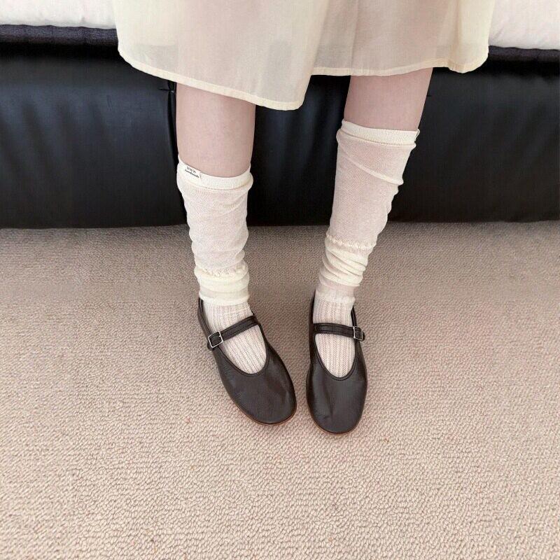 Women Japanese Ballet White Stackable Socks, Spliced Vertical Pattern Mesh Breathable Mid‑Calf Stockings