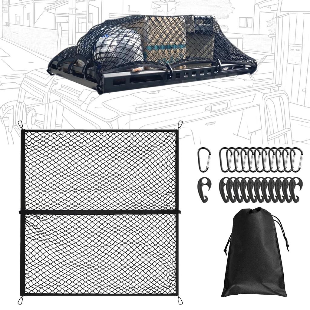 DRAVELEXO Cargo Net 100 x 120cm (Maximum 200 x 240cm) Roof Carrier Net, 200% Stretch Ratio, Touring Net, Easy Installation, Prevents Cargo Shifting on