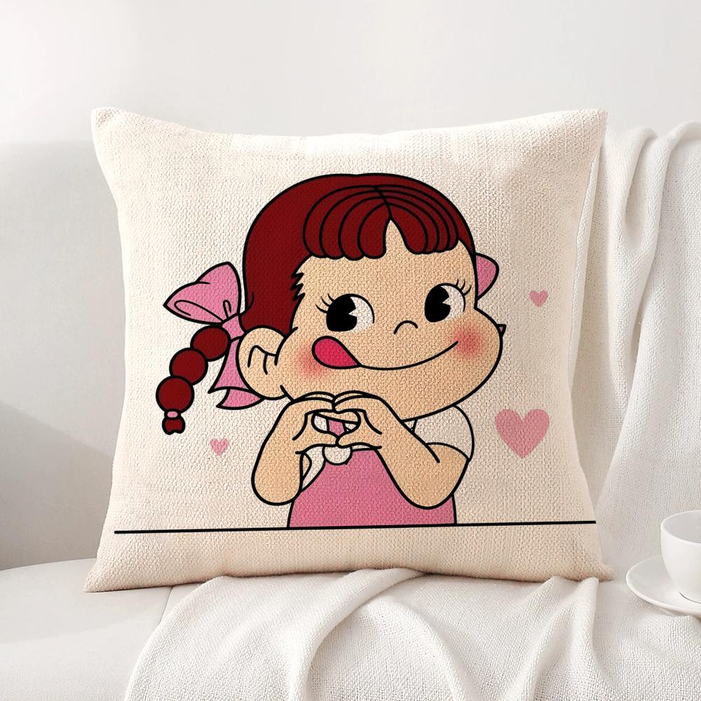 P-Peko L-Lollipop Happy Girl Cushion Cover Natural Linen Pillow Cover Double-Sided Print Cushion Case For Sofa Home Decor Gift