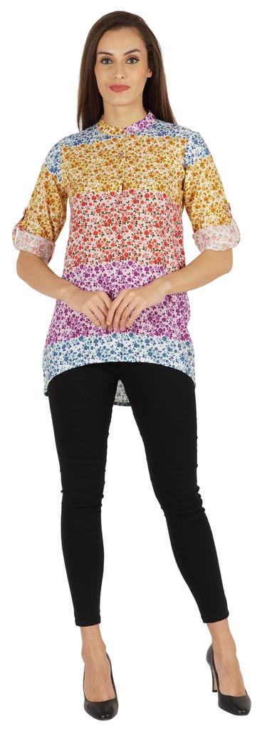 Bimba Button Down Tunic Casual Printed 3 4th Sleeves Loose Fit Rayon Tunic Long Shirt Top For