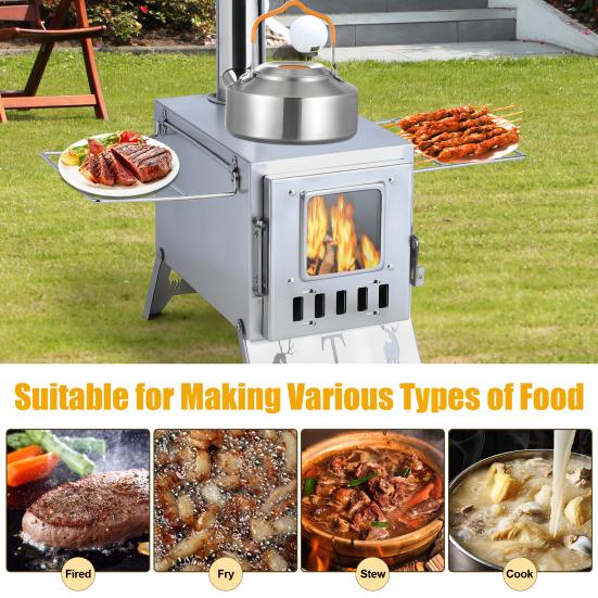 Wood Burning Stove with 5 Pipes Accessories, Visible Window Side Panels Heating Cooking Hot Tent Stove, Large Firebox Stainless Steel Stove for
