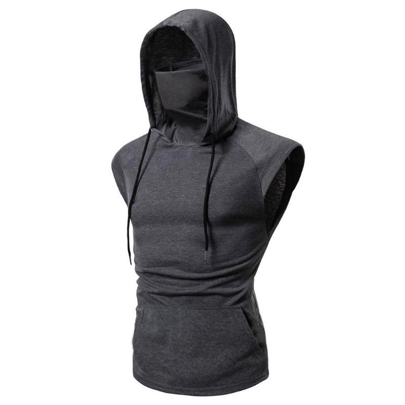 Men's Tank Tops Summer Gym Fitness Printed Compression Hooded Sportswear Muscle Vest Sleeveless Splice Large Open-Forked Male Hooded Vest Tops