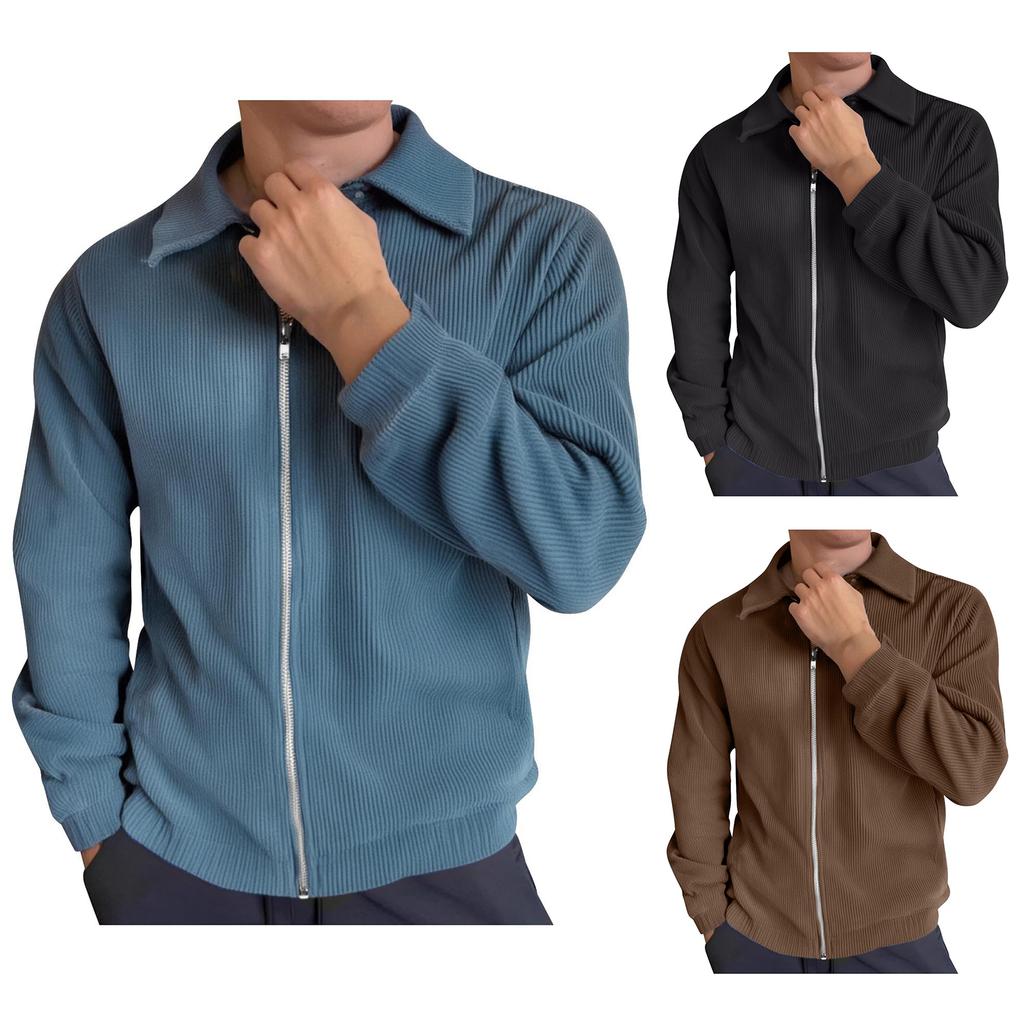 Pánská ležérní manšestrová bunda na zip, jednobarevná lehká retro bunda s kapsami.