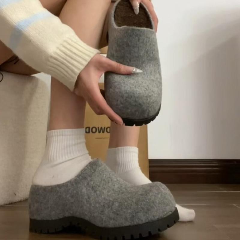 Vintage Thick Sole Women Fleece-lined Mules Slippers Concise Height Increase Dress Shoes Ladies Comfort Cover Toe Slip On Slides