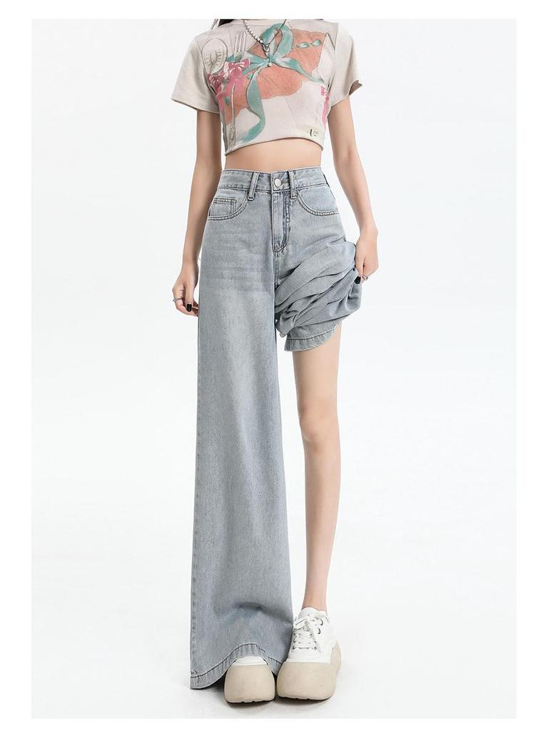 Women's Blue Wide-Leg Loose Fit Jeans - 2024 Summer Casual Floor-Length Pants