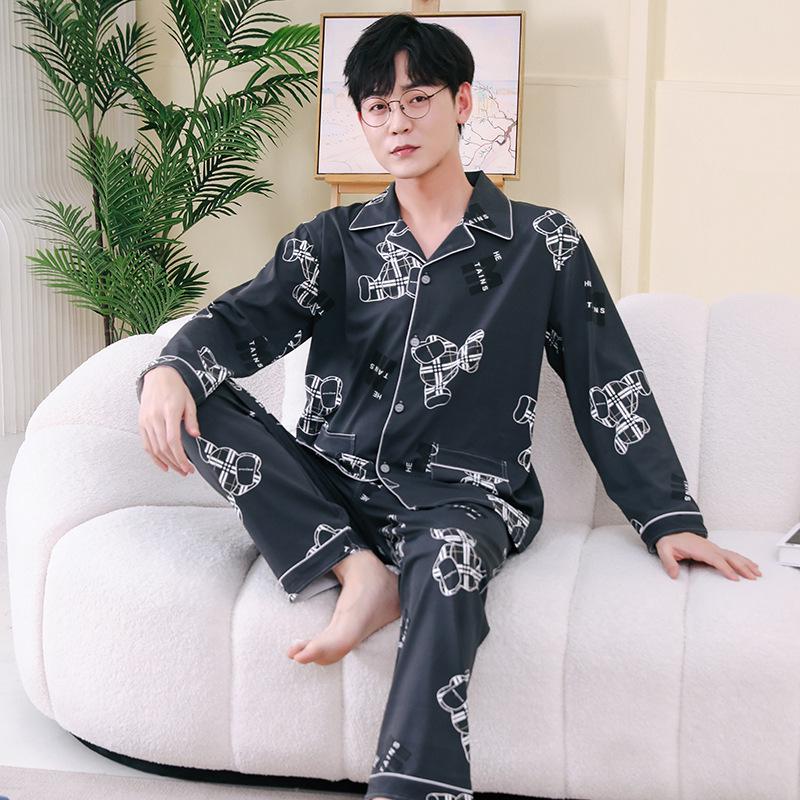 Men's Printed Long Sleeve Knit Cotton Pajama Set with Cardigan Lapel for Spring, Autumn, Winter