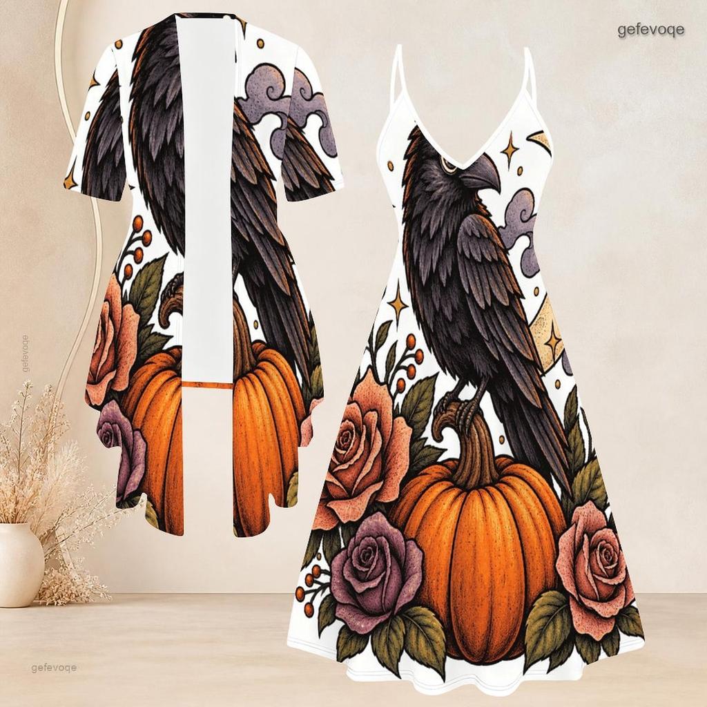 Women Plus Size Two Piece Set Short Sleeve Cardigan Strappy V Neck Flared Dress Pumpkin Bear Printed