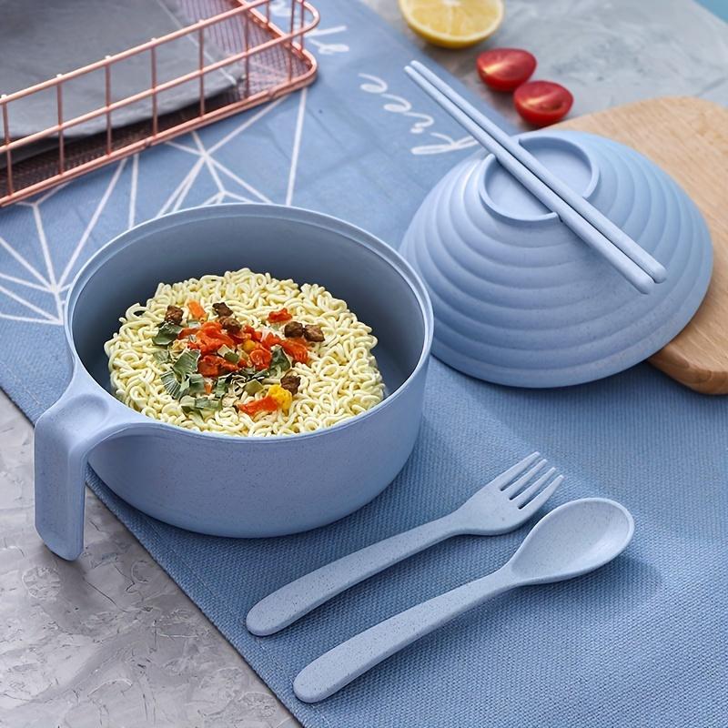 5pcs Wheat Straw Lamian Noodles Bowl and Lunch Box with Lid Spoon, Fork and Chopsticks Especially Suitable for Kitchen Tableware