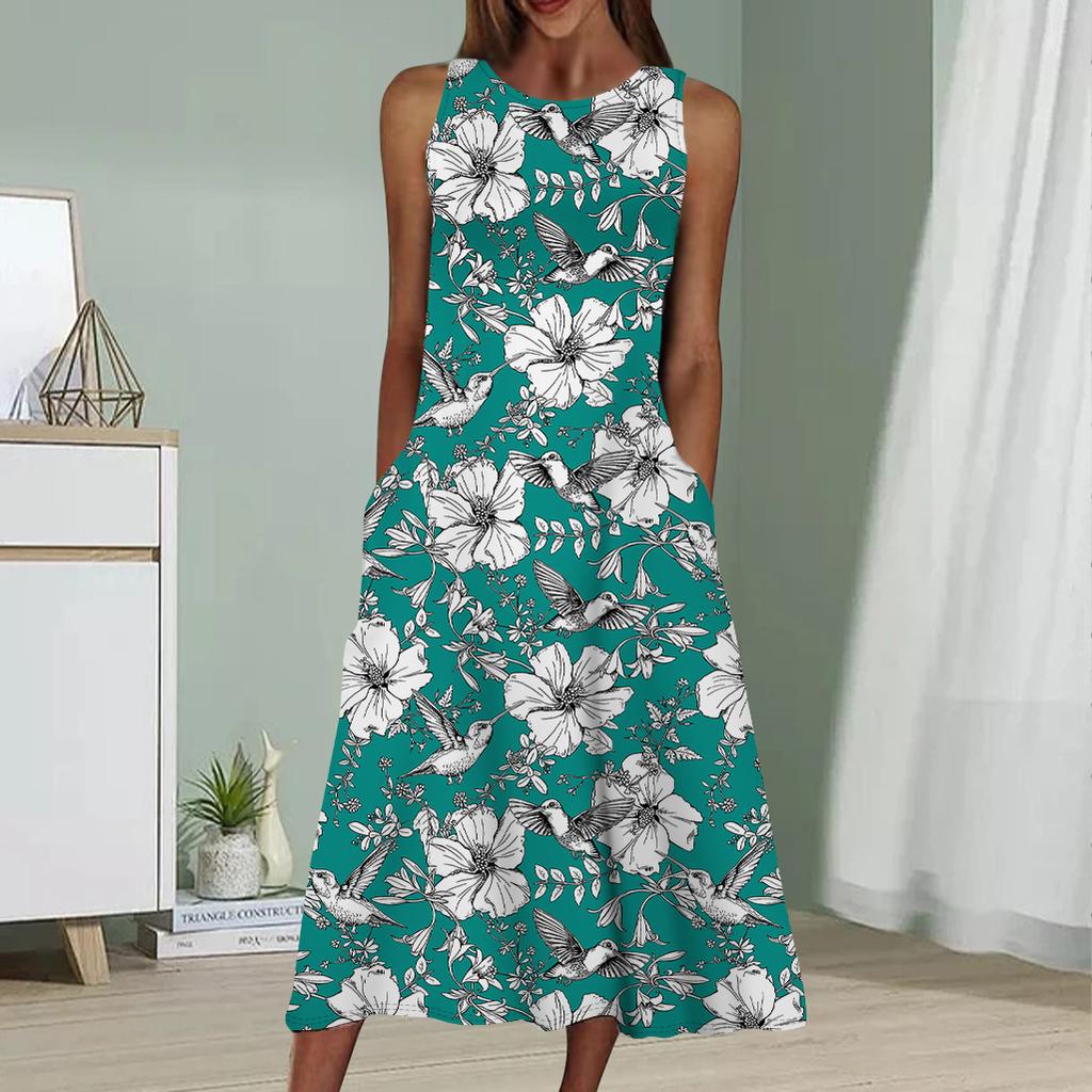 Summer Fashion Sexy Sleeveless Dress Soft Casual 3D Palm Tree Leaves Print Dress Sleeveless Sling Dress