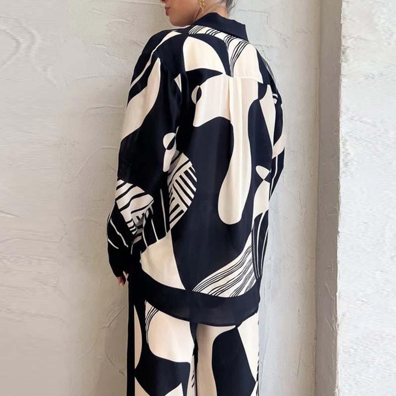 European & American Women's Graffiti Lapel Shirt and Long Sleeve Fashion Two-Piece Set