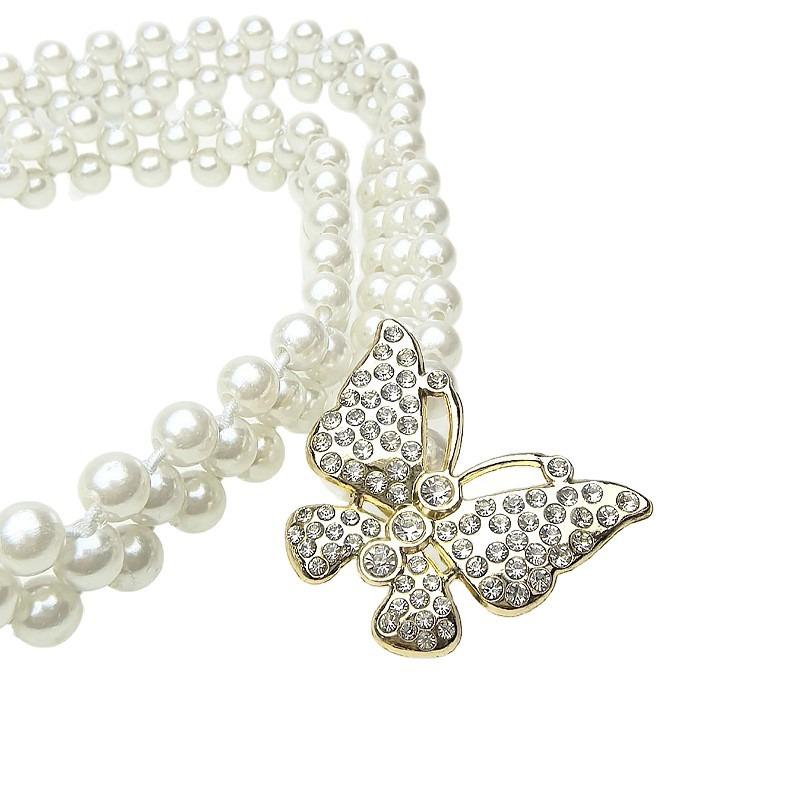 New Double Row Flying Butterfly Pearl Waist Chain Elastic Belt Ladies Dress Decor Flexible Adorn Elegant Glitter Stylish