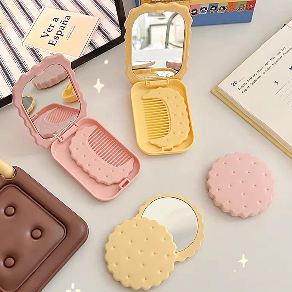 Adorable Cookie Folding Mirror Mini Portable Pink/Yellow Makeup Mirror with Comb Cute Travel Pocker Mirror for Girls