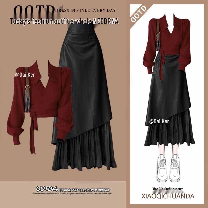 

Elegant Red Knit & Leather Winter Two-Piece Outfit for Women S (80-95 lbs)