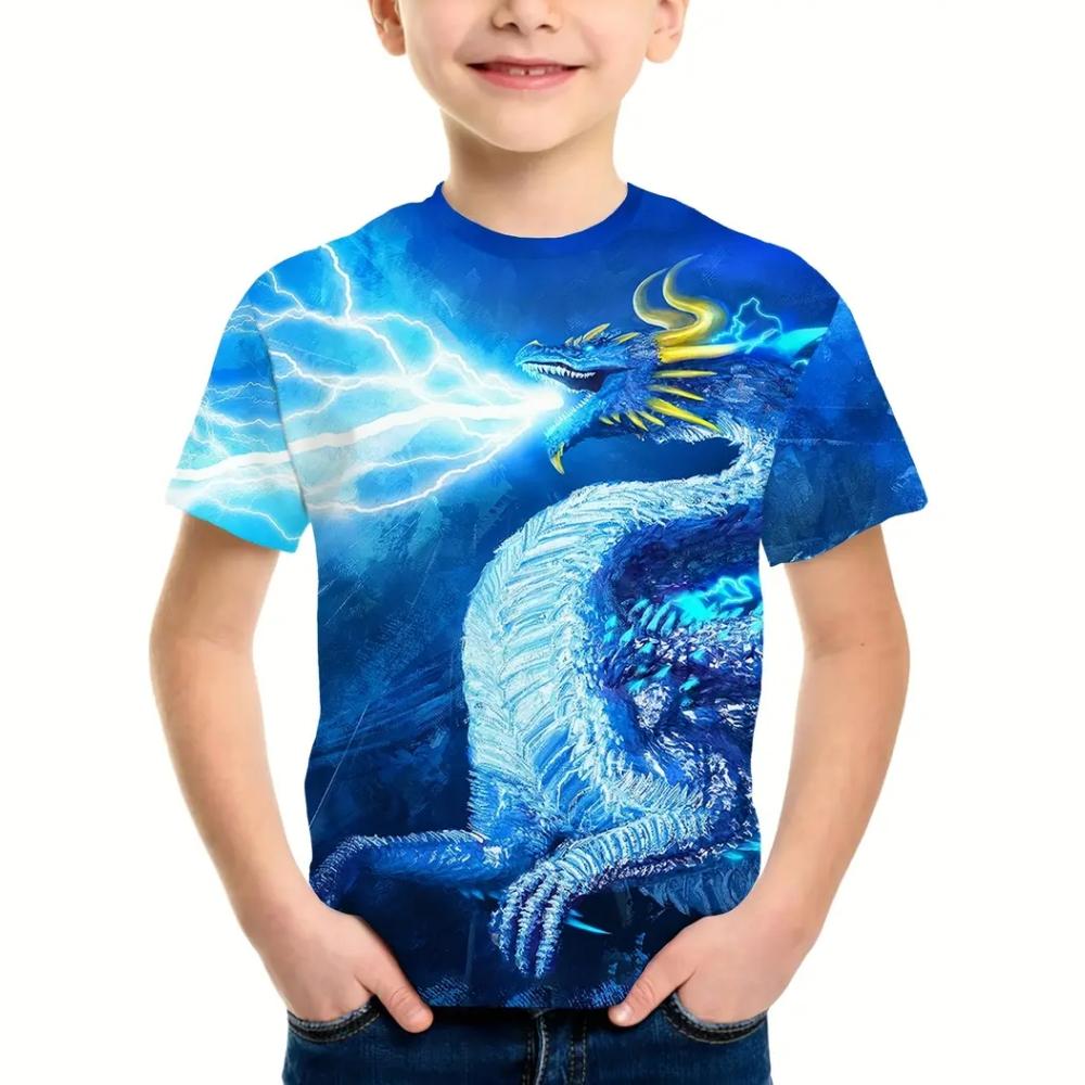Children's Boy's Clothing Colored Dragons 3D Print Graphic T Shirts Outdoor O-Neck Summer Short Sleeves Top Clothes for Children