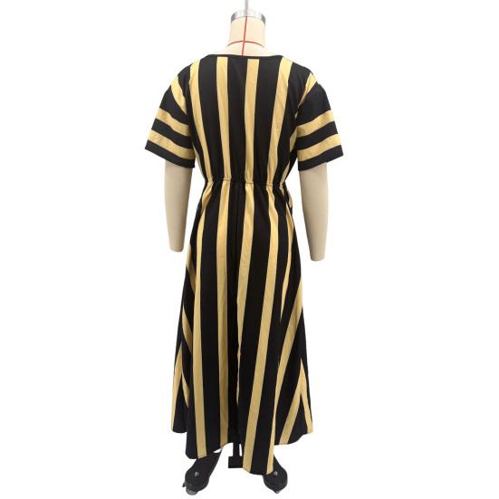 Maxi Robe d'Été pour Femmes Rayée Manches Courtes Col en V Robe évasée Décontractée Vacances à la Plage Fluide Robe d'été coupe A