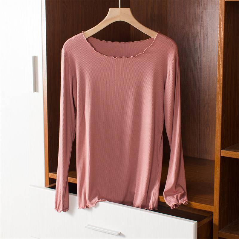 Women's Slim Fit Wood-Ear Trim Modal Long Sleeve T-Shirt, Round Neck, Plus Size, Spring/Autumn Versatile Top