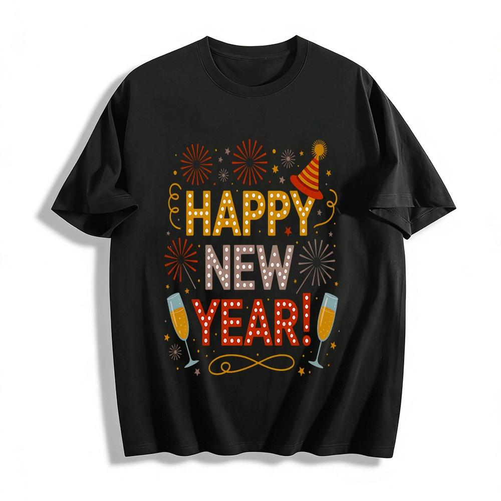 Happy New Year 2026 Black Gold Luxury Print Casual Top Pure cotton T-shirt XXS