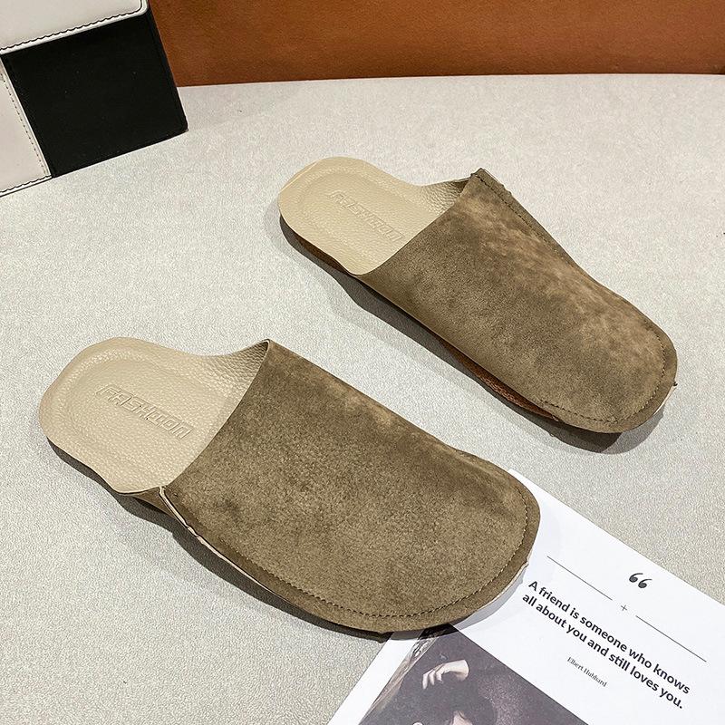 Grinding yarn bag head half slippers women's early spring new soft leather lazy shoes retro flat soft bottom cool slippers women