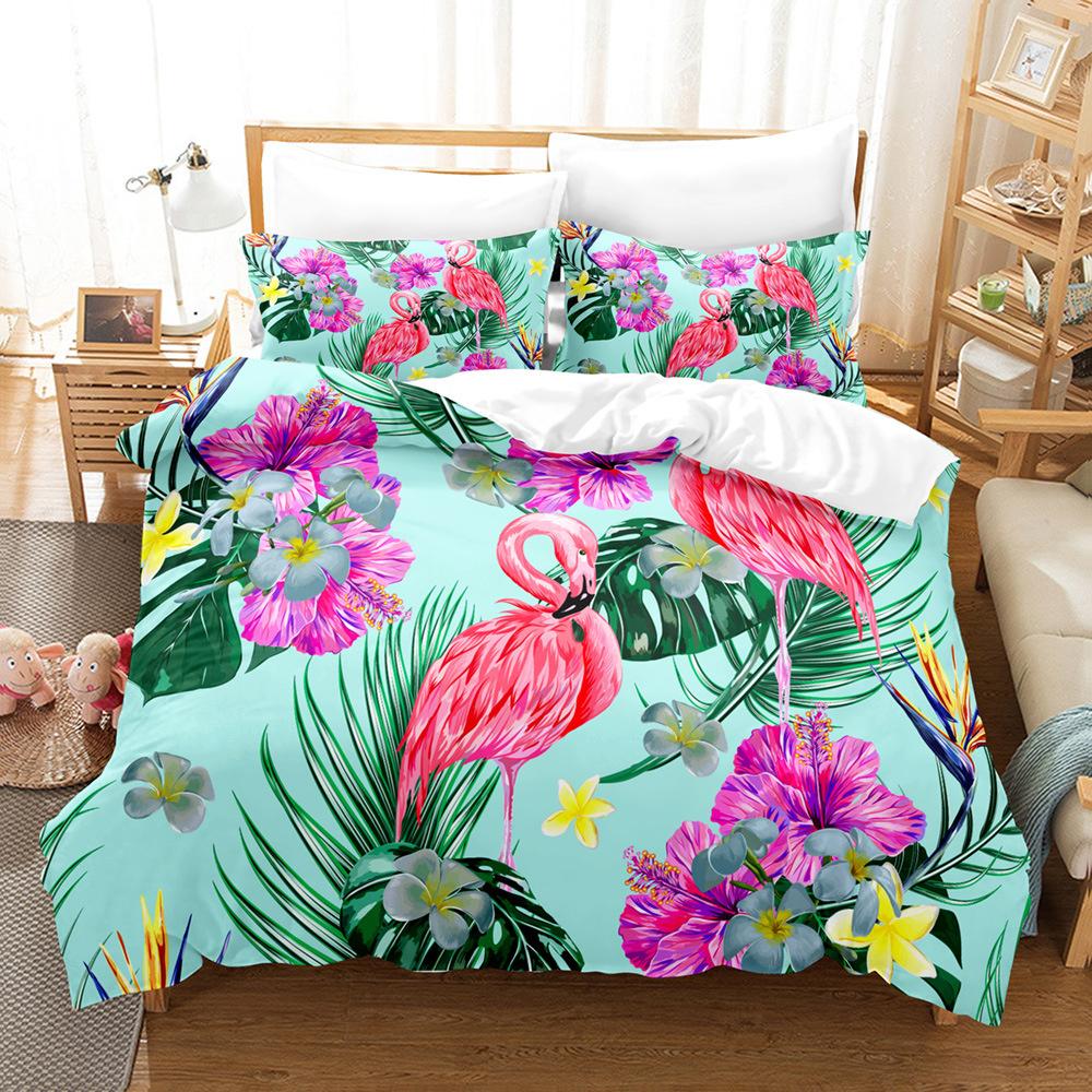 Pink Flamingo Duvet Cover Set Green Leaves Floral Animal Print Bedding Sets For Kids Girls Tropical Pattern Design Bedroom Decor