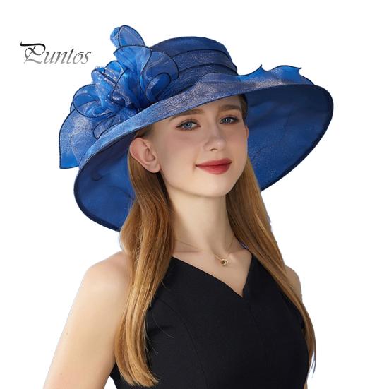 

Солнцезащитная шляпа с широкими полями из органзы с цветочным украшением из перьев и защитой от ультрафиолета, полупрозрачный материал, женская шляпа, головной убор темно-синий