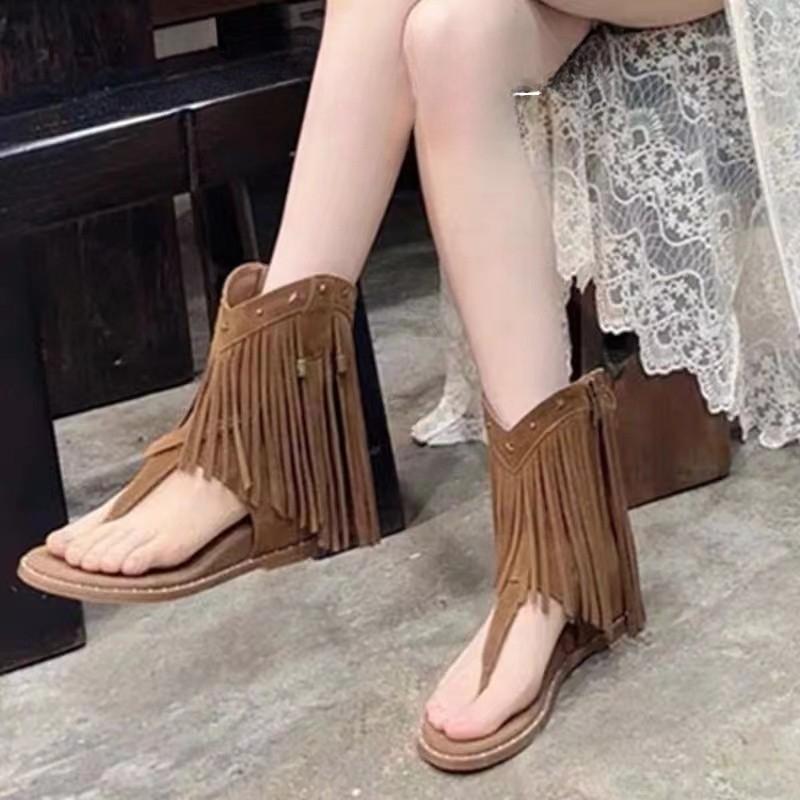 Keilabsatz Flach Coole Stiefel Sommer Neu Runde Spitze mit Zehenniete Fransen Seitenreißverschluss Rutschfest Verschleißfest Kurze Stiefel