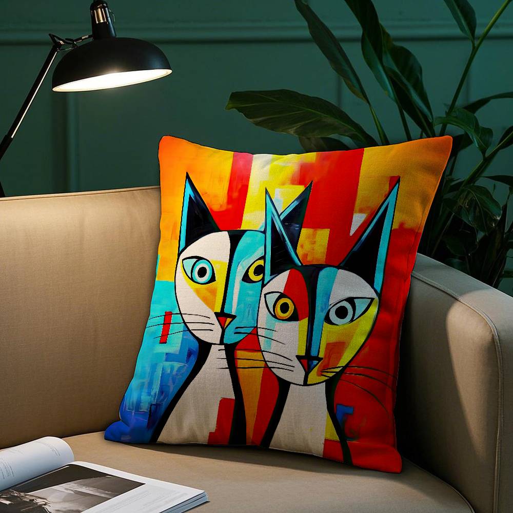 Classico Gatto Picasso Federa per Cuscino ad Olio Peluche Corto Stampa Federa per Cuscino Quadrata Cuscini Decorativi per Divano Arredamento Casa
